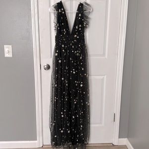 BLACK AND GOLD GLITTER TULLE MAXI DRESS